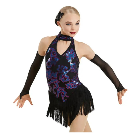 Dance Costume Medium Child Pink Blue Weissman 10919 Jazz Latin Tap Sequin Fringe - Picture 1 of 3